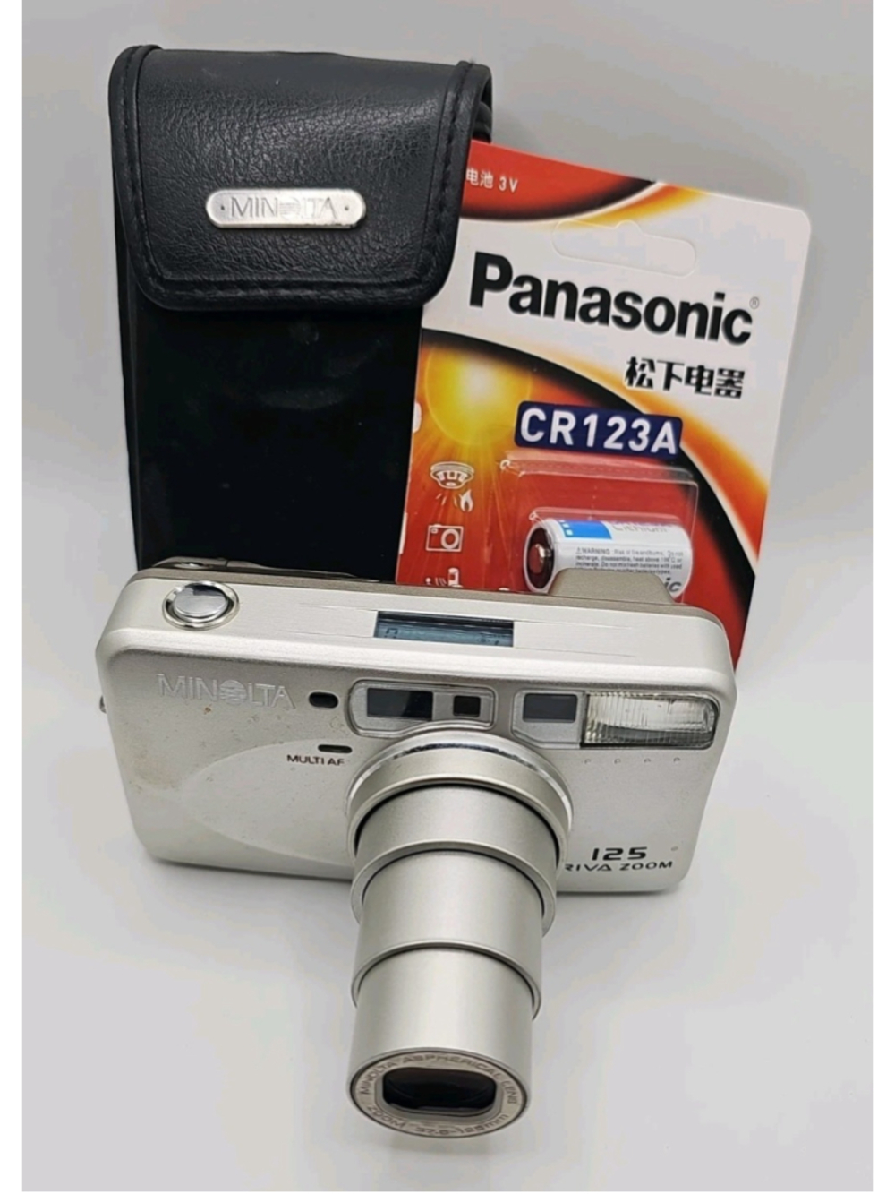 Minolta Riva Zoom 125 35mm Film Camera Silver With Case & Battery Tested Working